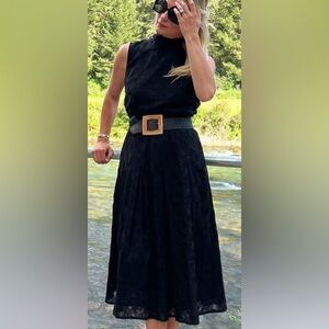 BURU Smocked Waist Midi Skirt - Black Embroidered Fleur